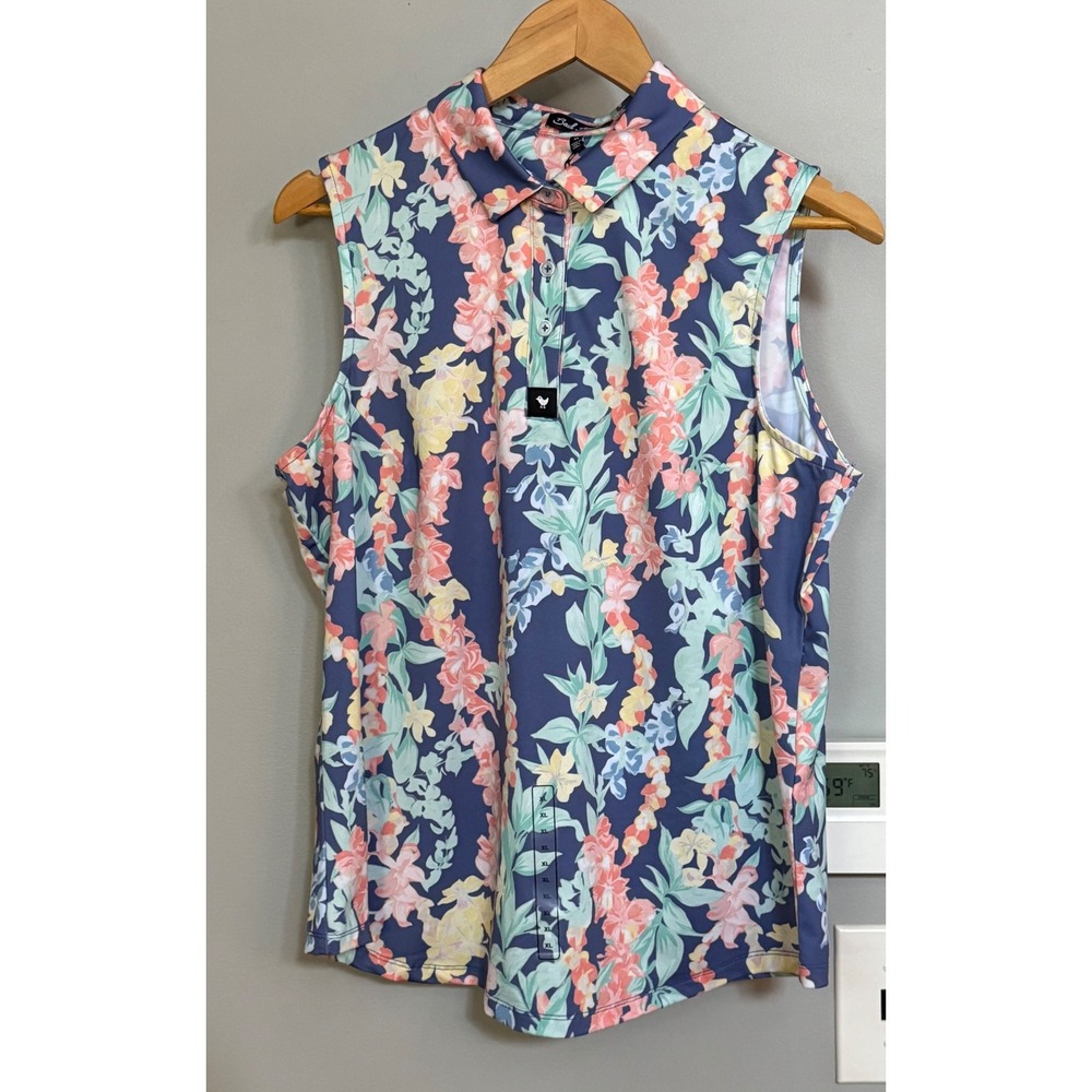 Bad Birdie Sleeveless Polo Women XL Blue Floral Lei'd Golf Shirt BBWP001-649 - Picture 1 of 7